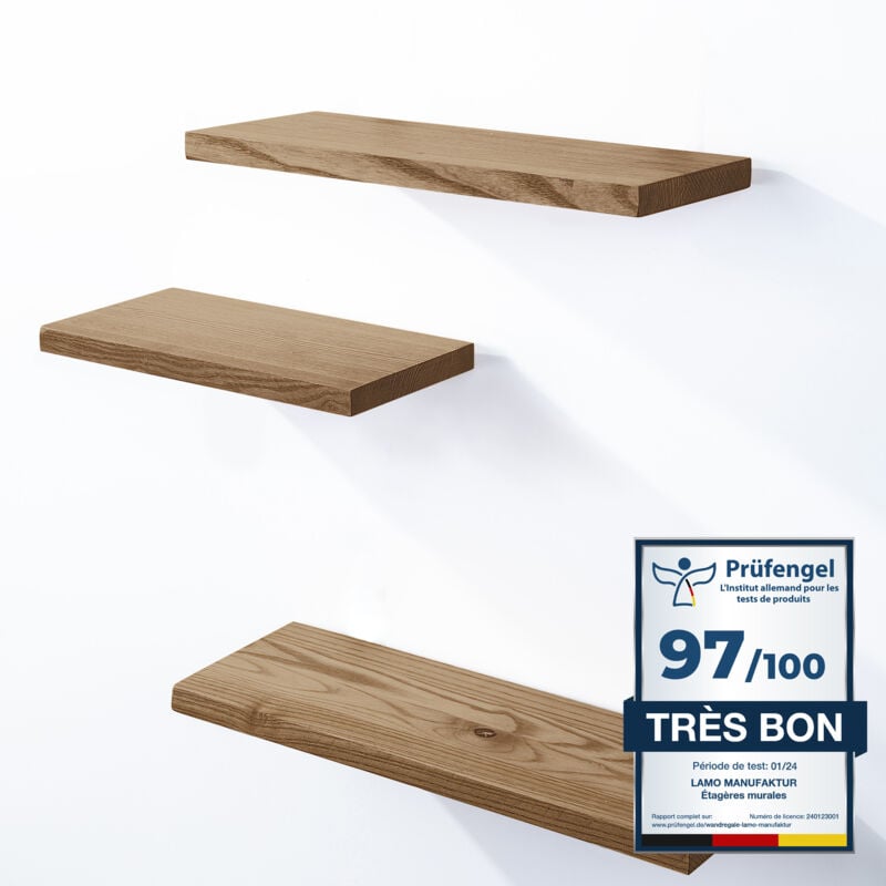 Lamo Manufaktur - 3 étagères murale en bois avec fixation invisible 42/36/30cm Etagère murale en 100% bois massif Etagère murale pour salon set 3