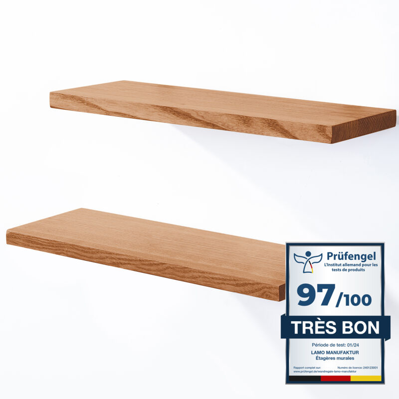 LAMO Manufaktur 2 étagères murale en bois avec fixation invisible 2x 42cm Etagère murale en 100% bois massif Etagère murale pour salon SET 4 étagères