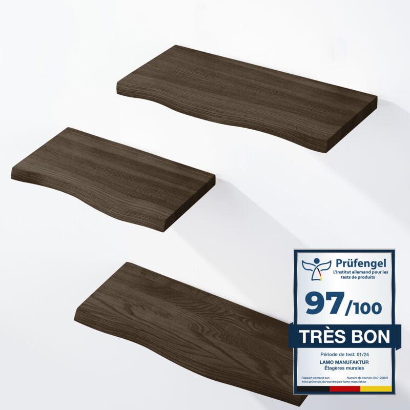 Lamo Manufaktur - 3 étagères murale en bois avec fixation invisible 42/36/30cm Etagère murale en 100% bois massif Etagère murale pour salon set 1