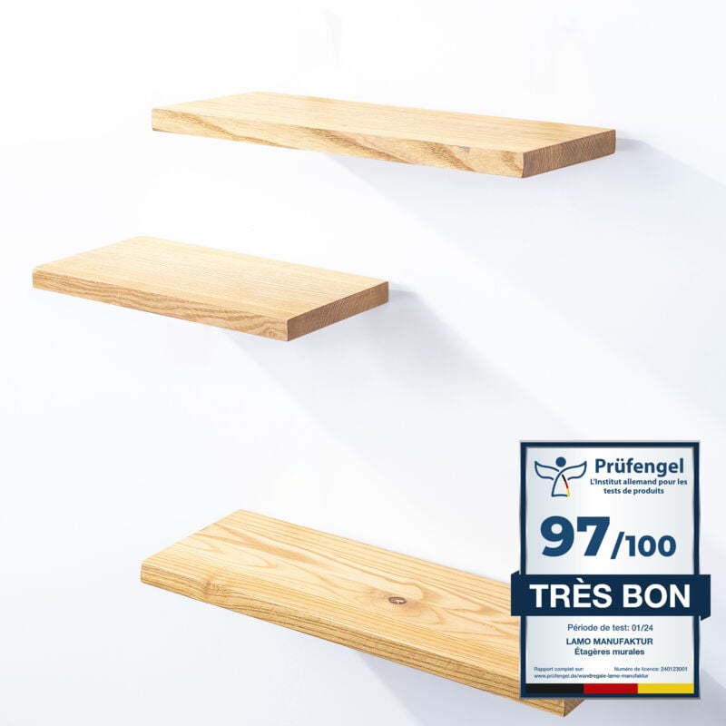 Lamo Manufaktur - 3 étagères murale en bois avec fixation invisible 42/36/30cm Etagère murale en 100% bois massif Etagère murale pour salon set 3