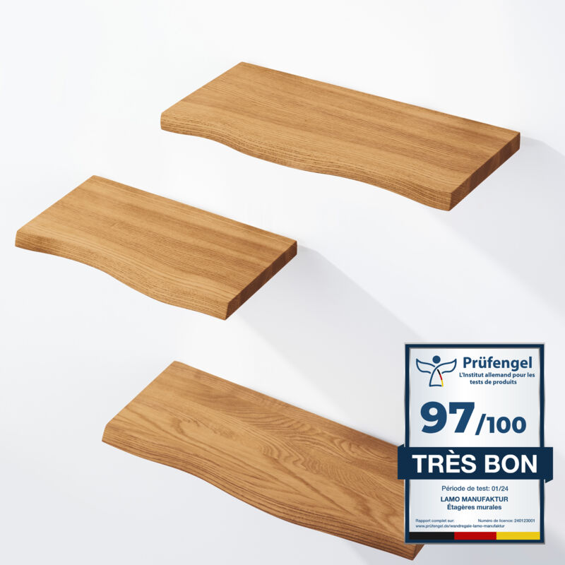 LAMO Manufaktur 3 étagères murale en bois avec fixation invisible 42/36/30cm Etagère murale en 100% bois massif Etagère murale pour salon SET 1