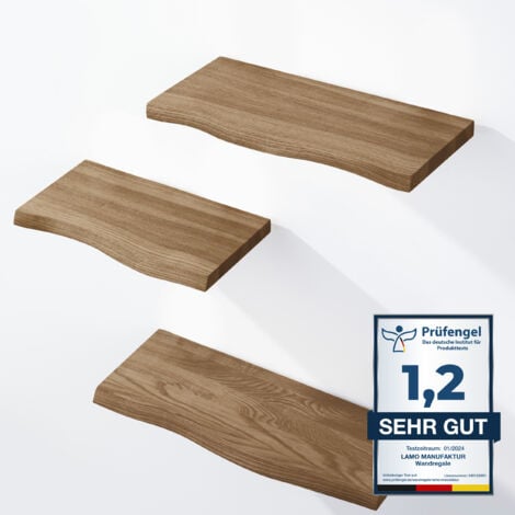 LAMO Manufaktur 3 Stück Wandregal aus Holz 42/36/30cm SET 1 Baumkante Farbe: Nussbaum
