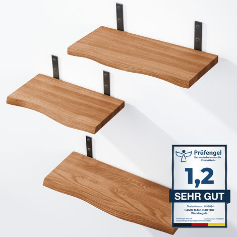 LAMO Manufaktur 3 Stück Wandregal Holz 42/36/30cm  Schweberegal Massiv 100% Echtholz  Hängeregal für Wohnzimmer, Schlafzimmer, Küche, Büro, Badezimmer  Wandregale SET 1 Baumkante Farbe: Dunkel