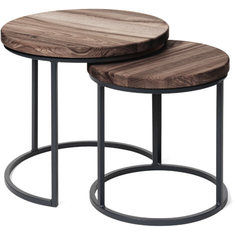 LAMO Manufaktur Couchtisch rund 2er Set - Beistelltisch Holz - Wohnzimmertisch rund, Kaffeetisch, Sofatisch modern, Holztisch für Wohnzimmer, Schlafzimmer- Farbe: Ebenholz, Beine: Schwarz