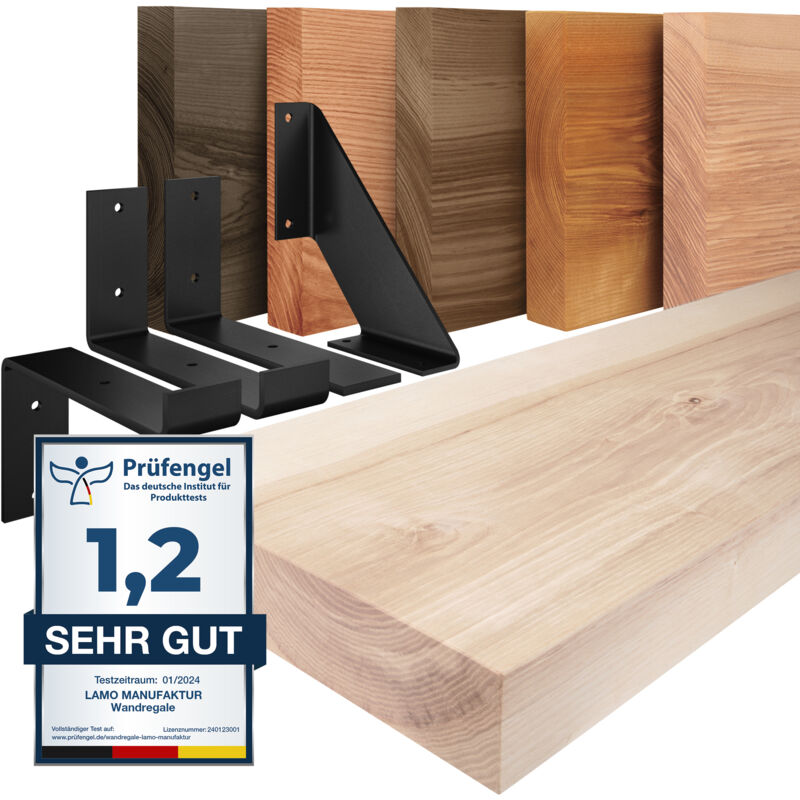 Lamo Manufaktur - tagère murale en bois massif, bord régulier, étagère de rangement Vintage, bois brut / équerre blanche 160cm, LWG-01-A-001-160VW