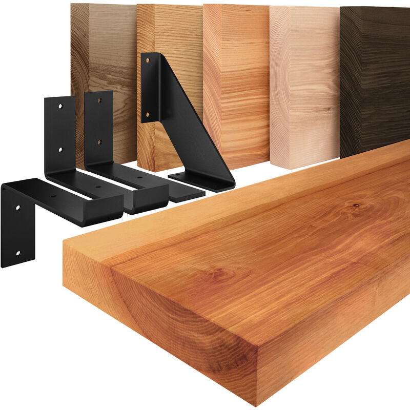 LAMO Manufaktur étagère murale en bois massif, bord régulier, étagère de rangement Original, bois foncé / équerre noire 40cm, LWG-01-A-004-40ZS