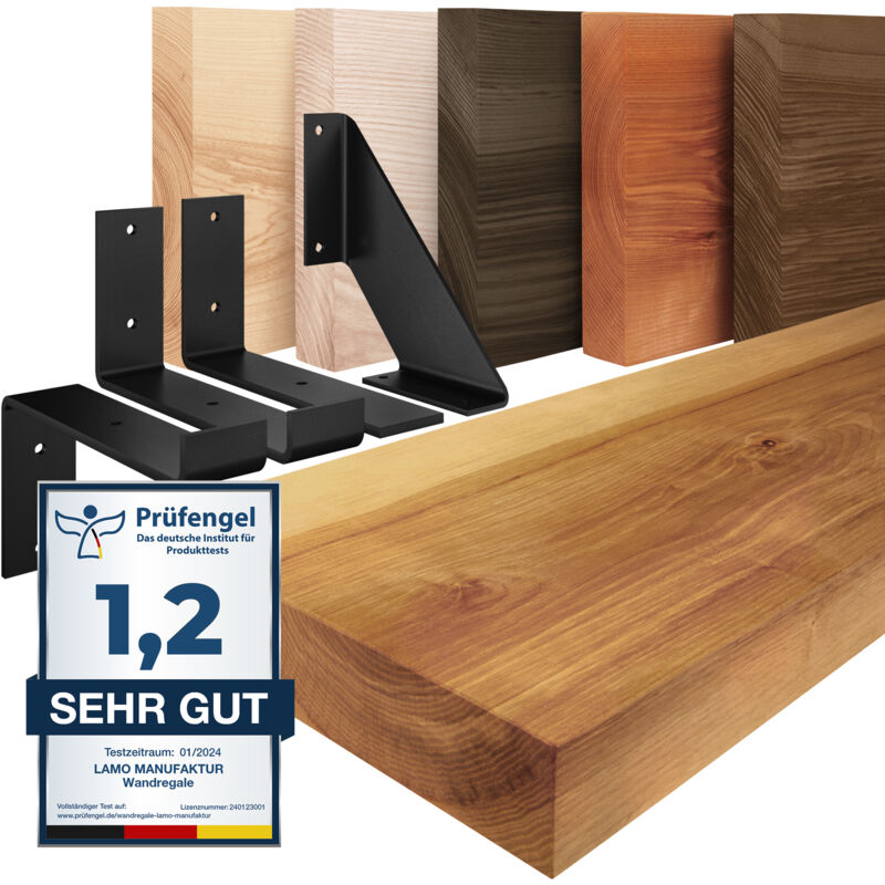 Lamo Manufaktur - tagère murale en bois massif, bord régulier, étagère de rangement Vintage, bois rustique / équerre blanche 140cm, LWG-01-A-003-140VW