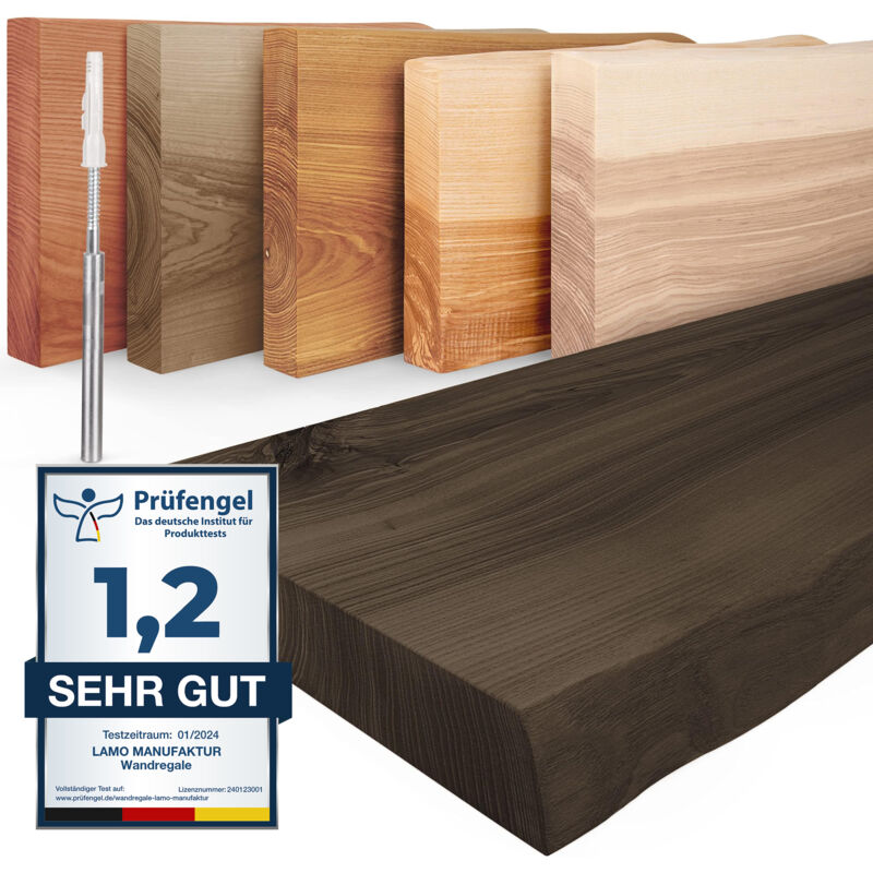 Tagère murale en bois massif, bord irrégulier, étagère flottante montage invisible Noir 90cm, LW-01-A-006-90W - Lamo Manufaktur