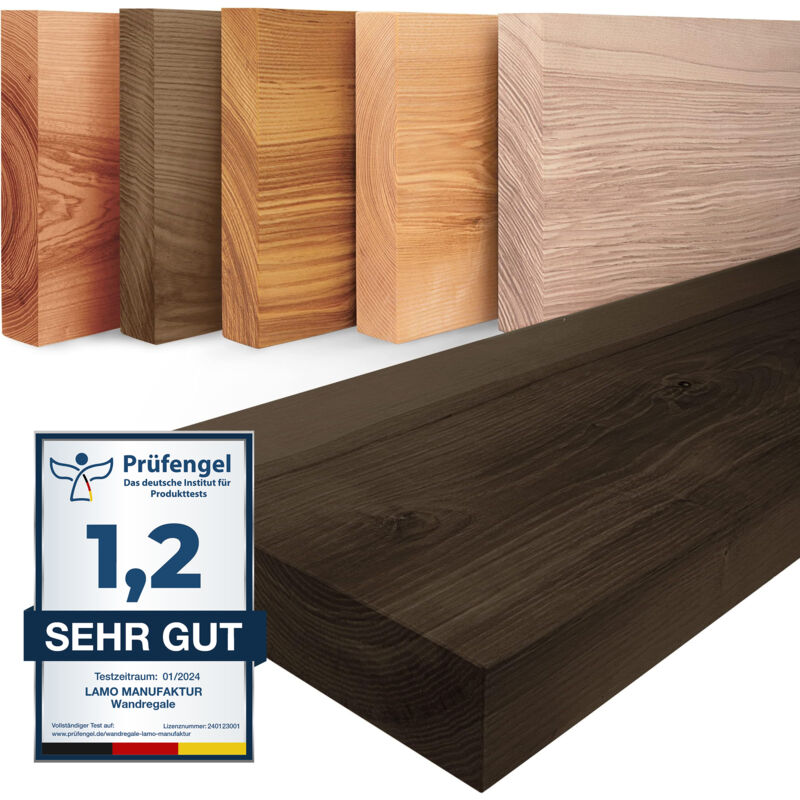 Tagère murale en bois massif, bord régulier droit, étagère flottante pure, sans fixations, sans trous, Noir 60cm, LWG-01-A-006-60 - Lamo Manufaktur