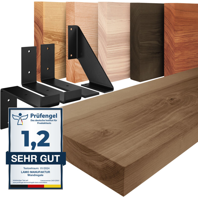 Tagère murale en bois massif, bord régulier, étagère de rangement Basic, Noisette / Blanche 160cm, LWG-01-A-004-160LW - Lamo Manufaktur