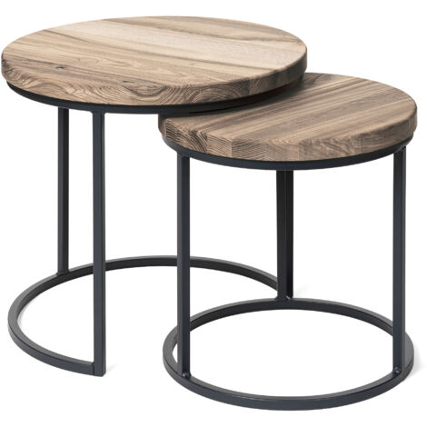LAMO Manufaktur Table basse gigogne en bois rond - lot de 2 pièces - Table d'appoint bout de canapé pour salon, chambre à coucher - Tables basses - Couleur : marron noisette, pieds : anthracite