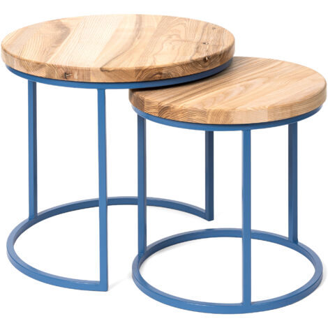LAMO Manufaktur Table basse gigogne en bois rond - lot de 2 pièces - Table d'appoint bout de canapé pour salon, chambre à coucher - Tables basses industrielles - Couleur : naturel, pieds : bleu