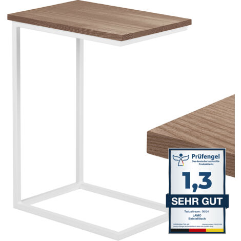 LAMO Manufaktur table d'appoint table pour ordinateur portable table de canapé table basse mobile table de chevet 50x35x67cm cadre Blanc plateau 100% bois massif couleur: Marron Noisette