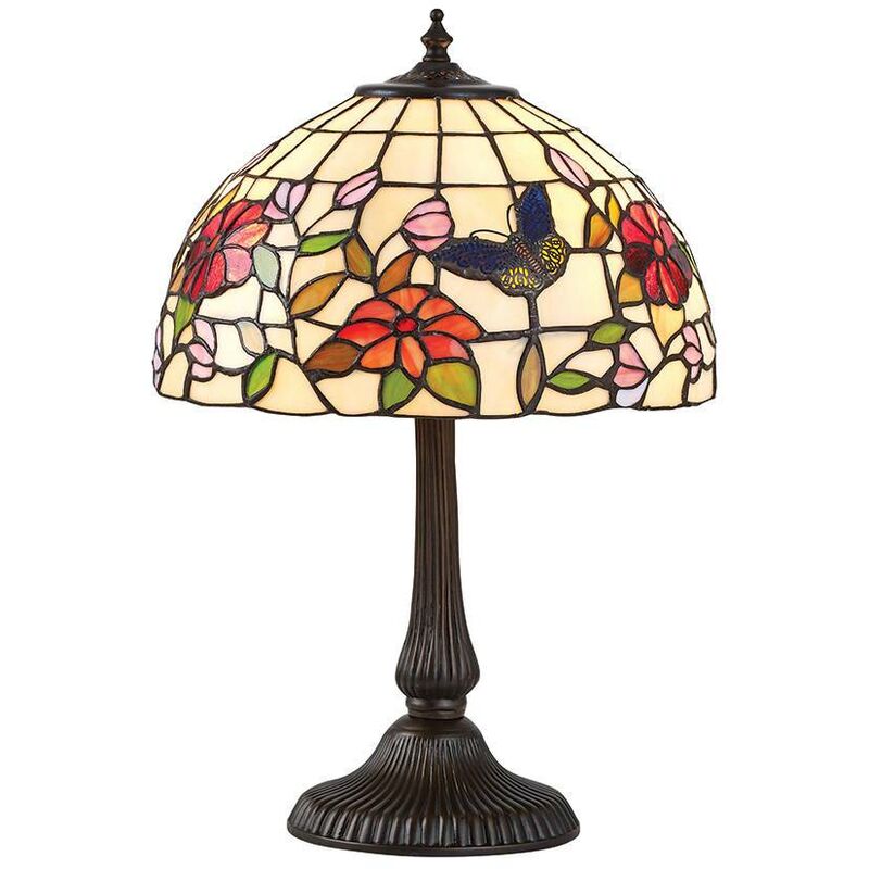 Interiors 1900 Lighting - Interiors Butterfly - 2 Light Small Table Lamp Bronze, Tiffany Style Glass, E14