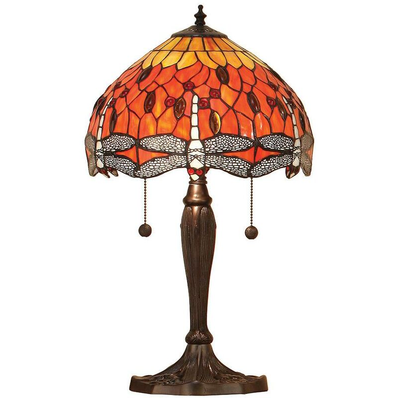 Interiors 1900 Lighting - Interiors Dragonfly Flame - 2 Light Small Table Lamp Dark Bronze, Red, Tiffany Style Glass, E27