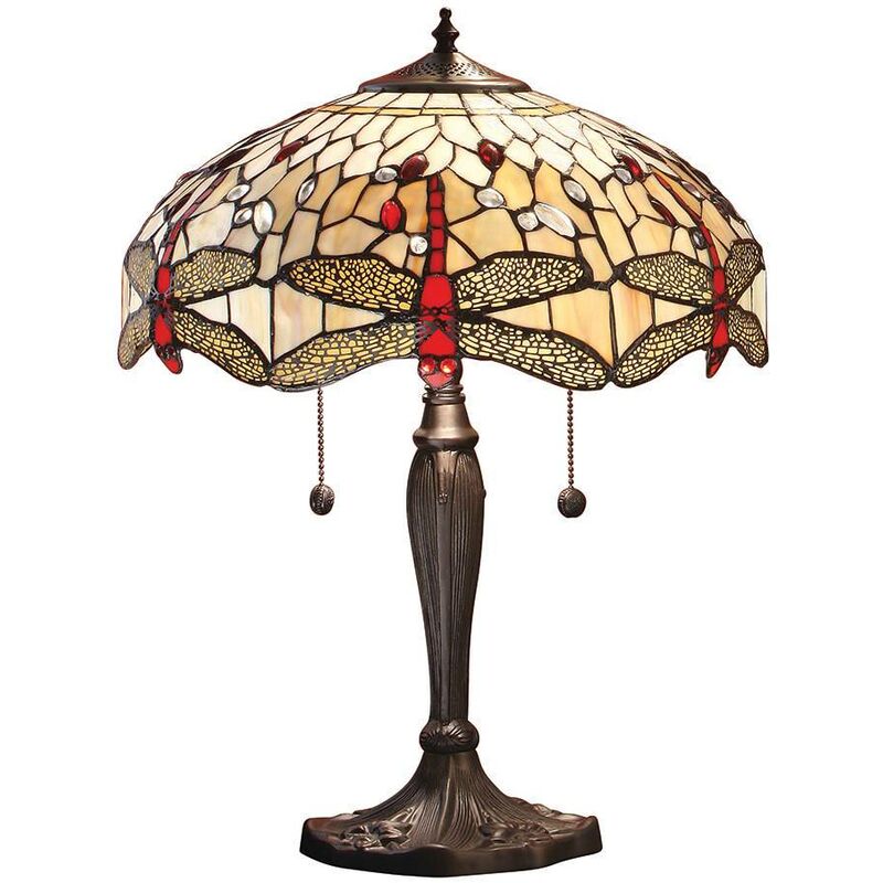 Interiors 1900 Lighting - Interiors Dragonfly Beige - 2 Light Medium Table Lamp Dark Bronze, Beige, Tiffany Style Glass, E27