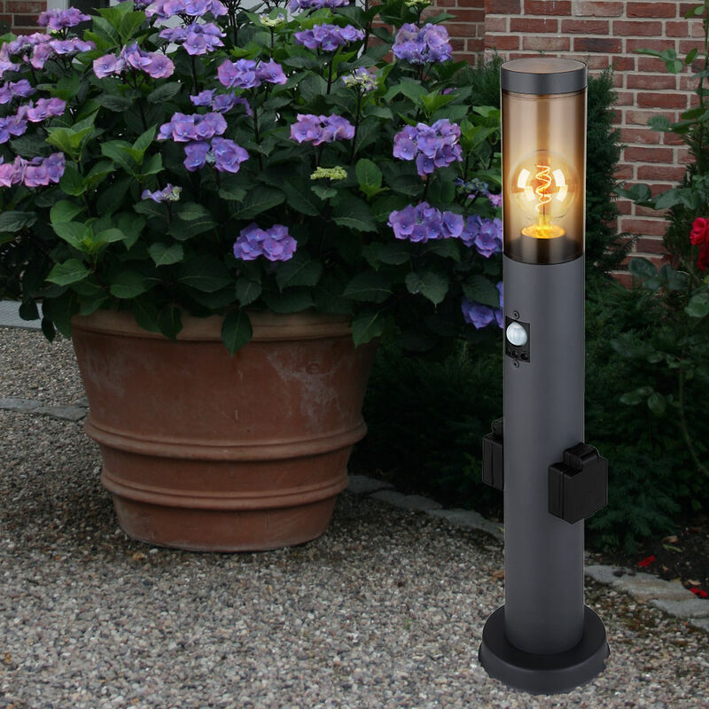 Image of Lampada a colonna con presa e presa per rilevatore di movimento a colonna da giardino con luce, acciaio inox antracite, plastica fumo, 1x E27, DxH