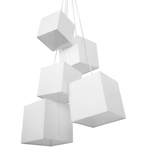Lampada a Grappolo 5 Luci con Paralume Quadrato in Tessuto Bianco Mesta