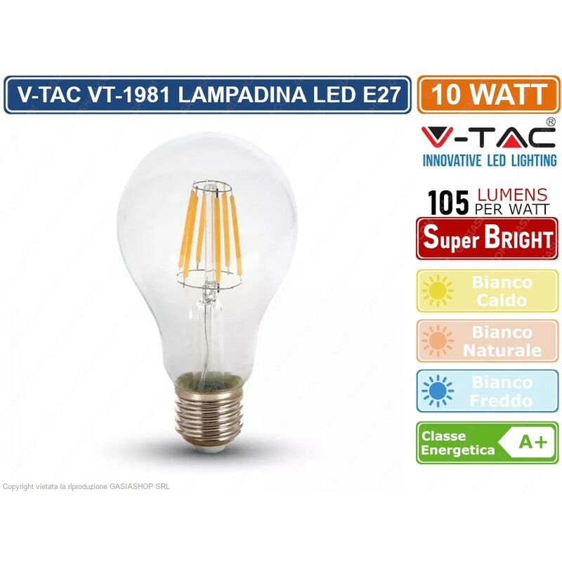 Image of V-TAC VT-1981 LAMPADINA LED E27 10W BULB A60 GOCCIA FILAMENTO EXTRA LUNGO VETRO TRASPARENTE - SKU 214410 / 214411 / 214412 - Colore Luce: Bianco Caldo