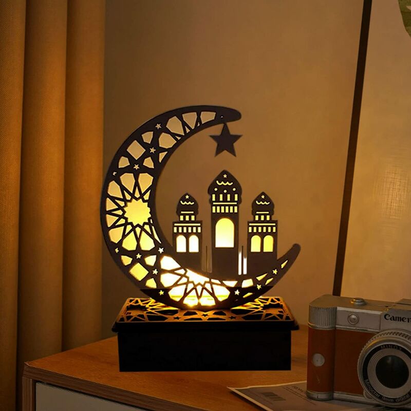 Image of Lampada a LED in legno Decorazione Ramadan Luna crescente Luci stellari Musulmano Islam Eid Ramadan Festival Decorazioni Luce notturna luna crescente