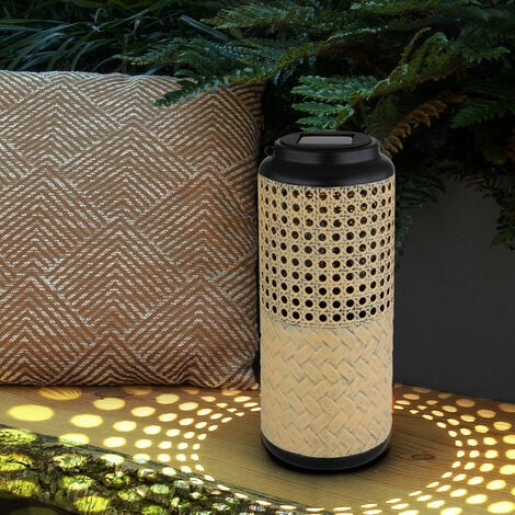 Lampada a luce solare da giardino in bambù lampade solari da balcone in rattan lanterna solare da appoggiare e appendere, 1x LED bianco caldo, DxH 12 x 45 cm
