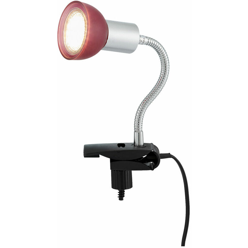 Image of Lampada a morsetto, argento Lampada a morsetto Lampada a morsetto LED con presa, lampada da tavolo, spot mobile, metallo color titanio, vetro rosso,