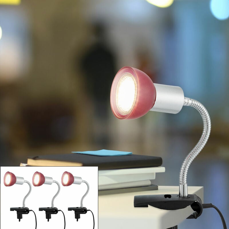 Image of Etc-shop - Lampada a morsetto, argento Lampada a morsetto Lampada a morsetto led con spina, lampada da tavolo, metallo color titanio, vetro rosso, 1x