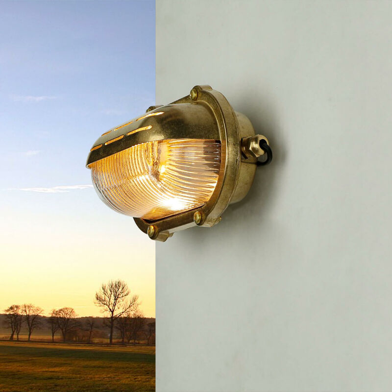 Image of Licht-erlebnisse - Lampada a parete da esterno in ottone design ovale in stile marittimo IP64 per ingresso, vialetto, giardino - Ottone, trasparente