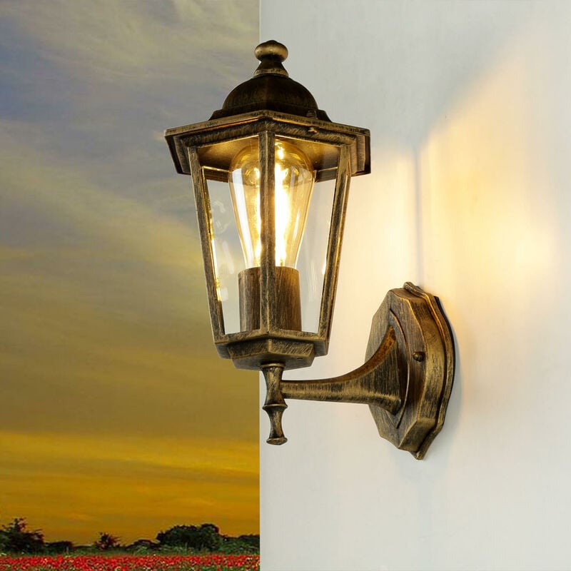 Image of Licht-erlebnisse - Lampada a parete da esterno paris design retrò a lanterna in stile rustico color oro antico - Oro antico
