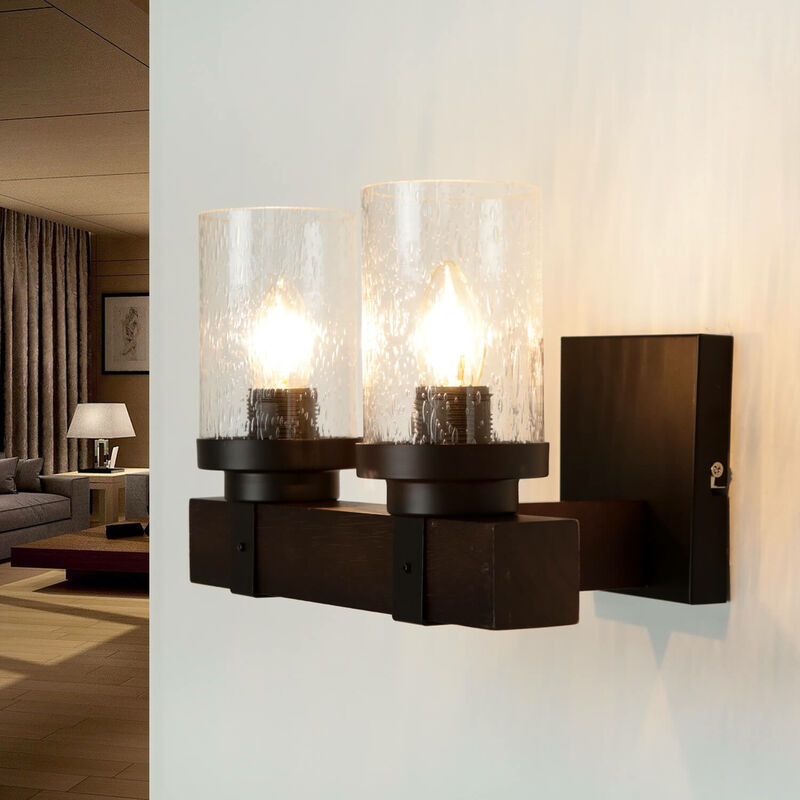 Image of Licht-erlebnisse - Lampada a paretea due luci in legno marrone dal design vintage con vetro motivo gocce di pioggia E27 - Nero, marrone