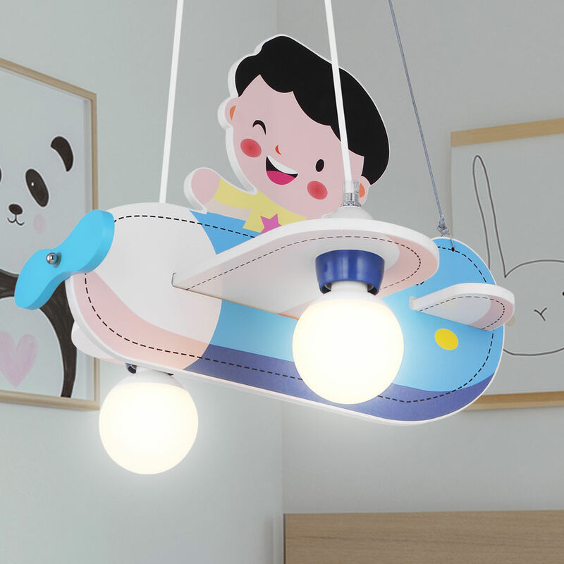 Image of Lampada a pendolo da soffitto per bambini ragazzi aereo in legno aviatore lampada a sospensione blu