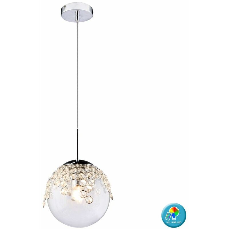 Image of Lampada a sfera in vetro cristallo a sospensione da sala da pranzo con luce a pendolo in un set che include lampadine a led rgb