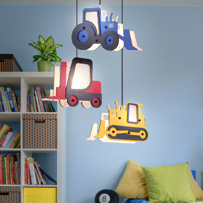 Image of Lampada a sospensione sala giochi soffitto lampada a sospensione trattore led lampada per cameretta dei bambini 3 fiamme, veicoli colorati, mdf, 3x