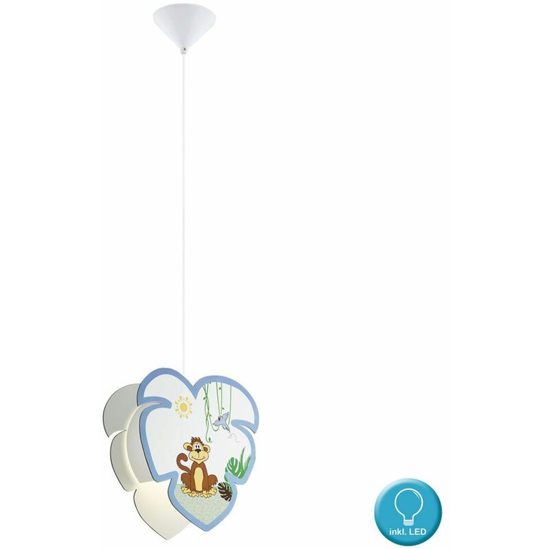 Image of Lampada a pendolo con motivo scimmia per bambini, paralume in legno, lampada a sospensione animale in un set che include lampadine a led