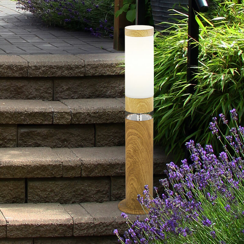 Image of Lampada a piedistallo da esterno Lampada con base rotonda da esterno Lampada da terra da terrazza in acciaio inox, aspetto legno con led decorativo,