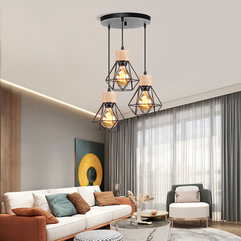 Lampada a Soffitto Industriale 3 Paralumi Forma Diamante in Ferro e Legno Lampadario E27 per Soggiorno Cucina Camera da Letto Nero