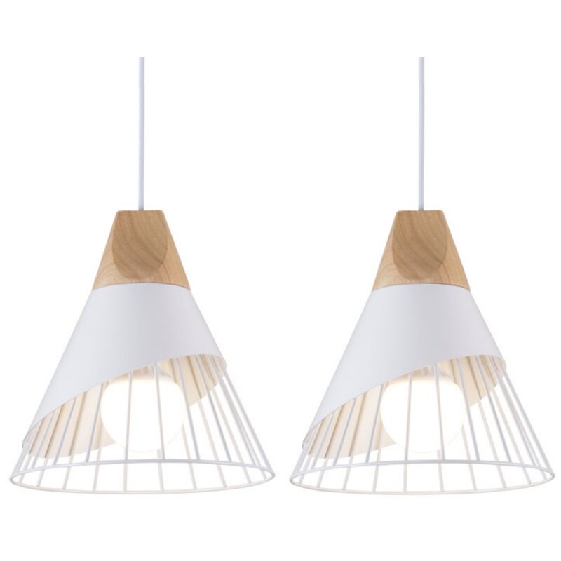 Image of Wottes - Lampada a Sospensione Bianco Stile Nordico Lampadario Forma di Badminton Metallo e Legno per Sala da Pranzo Cucina Soggiorno Barra 2 Pezzi