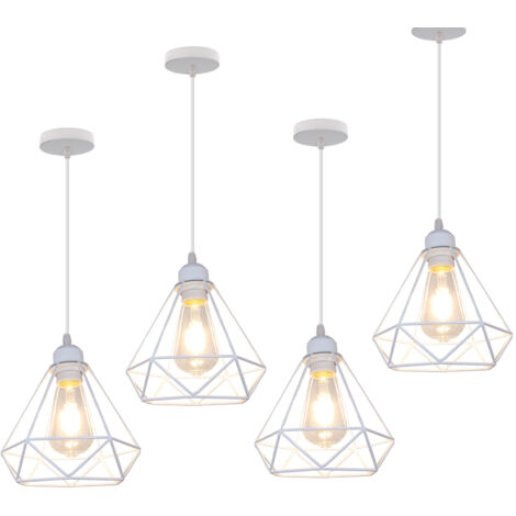 Lampada a Sospensione, 1 Luci Plafoniera con Ø20cm Gabbia in Metallo Diamante, Lampadari per Soggiorno Cucina Bianco - 4 Pezzi