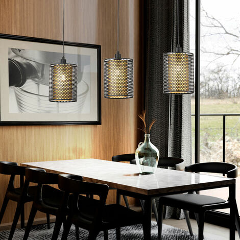 Lampada a sospensione, 3 fiamme, lampada a sospensione, nera, lampada da sala da pranzo, regolabile in altezza, metallo color oro, 3 prese E14, LxPxH 85x15x150cm, WOFI 12109