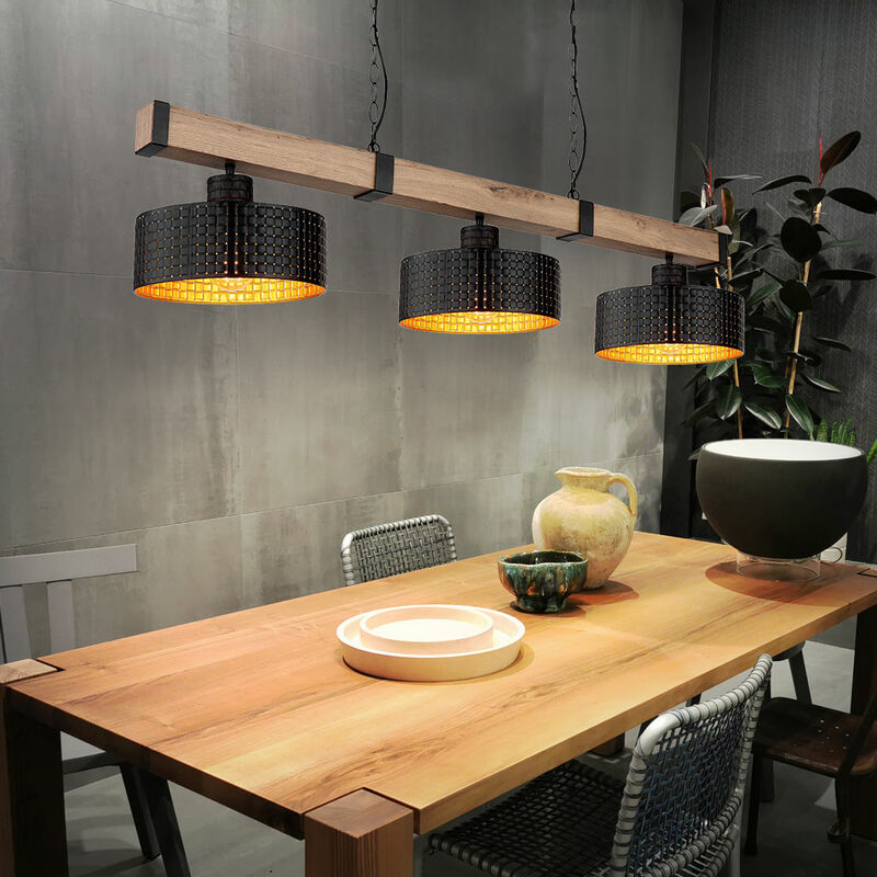 Image of Etc-shop - Lampada a sospensione, 3 fiamme, lampada da sala da pranzo, lampada a sospensione con trave in legno, oro nero, mdf in metallo, 3x E27,