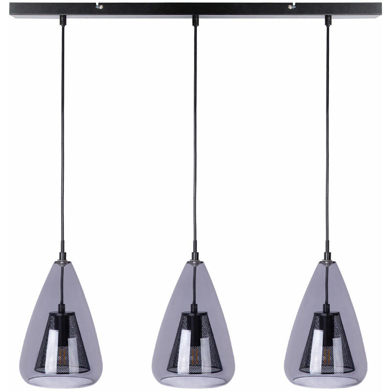 Image of Lampada a sospensione, 3 fiamme, lampada da tavolo da pranzo, vetro fumé, lampada a sospensione, soggiorno, griglia nera, 3x E14, LxH 76 x 150 cm