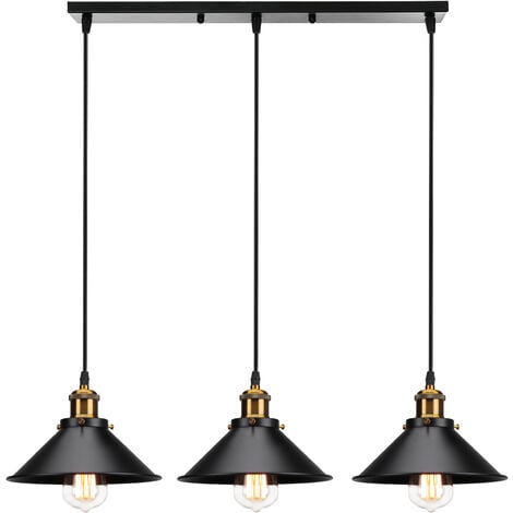 AXHUP Lampada a Sospensione, 3 Fili Lampadario da Soffitto con Ø22cm Paralume in Ferro, Illuminazione in Industriale Stile con Bronzo Edison E27 per Cucina Isaland Camera da Letto (Nero)