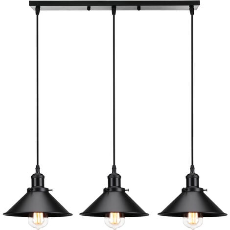 AXHUP Lampada a Sospensione, 3 Fili Lampadario da Soffitto con Ø22cm Paralume in Ferro, Illuminazione in Industriale Stile Edison E27 per Cucina Isaland Camera da Letto (Tutto Nero)