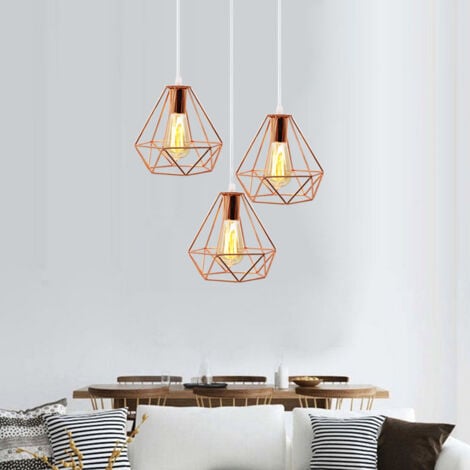 Lampada a Sospensione 3 Luci, Ø20cm Diamante Lampadario da Soffitto in Metallo, Industriale Stile Paralume con E27 Base per Soggiorno Camera da Letto a Isola Cucina (Oro Rosa)