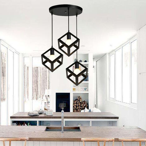 Lampada a Sospensione, 3 Luci Creativo Lampada da Soffitto in Ferro, Illuminazione con Cubo Gabbia per Cucina Sala da Pranzo (Nero)