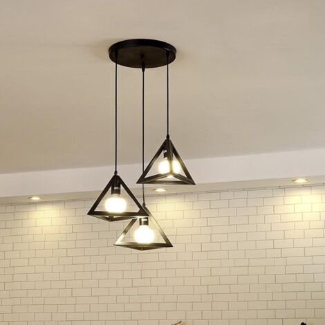 Lampada a Sospensione, 3 Luci Creativo Lampada da Soffitto in Ferro, Illuminazione con Triangolo Gabbia per Cucina Sala da Pranzo (Nero)