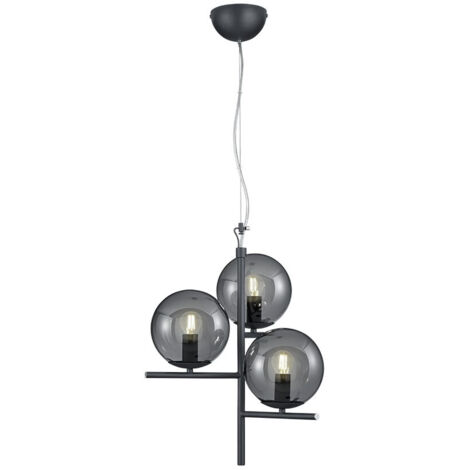 Lampada a sospensione 3 luci, metallo e vetro, antracite e fumé, D 40 cm, Pure
