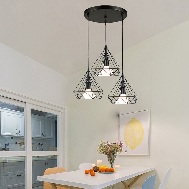 Image of Lampada a Sospensione, 3 Luci Plafoniera in Industriale Stile con Ø25cm Gabbia di Diamante, Illuminazione con E27 per Soggiorno Cucina di Casa