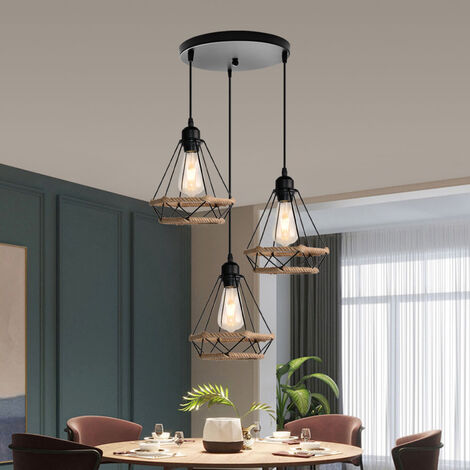 Lampada a Sospensione, 3 Luci Vintage Lampada da Soffitto in Corda di Canapa, Plafoniere con Ø20cm Gabbia di Diamante (Nero)