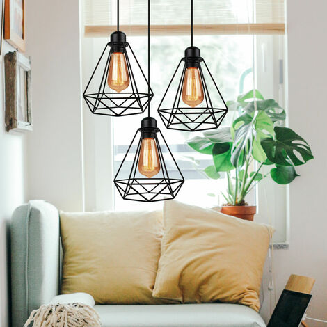 Lampada a Sospensione, 3 Luci Vintage Lampada da Soffitto in Metallo, Plafoniere con Ø20cm Gabbia di Diamante (Nero)